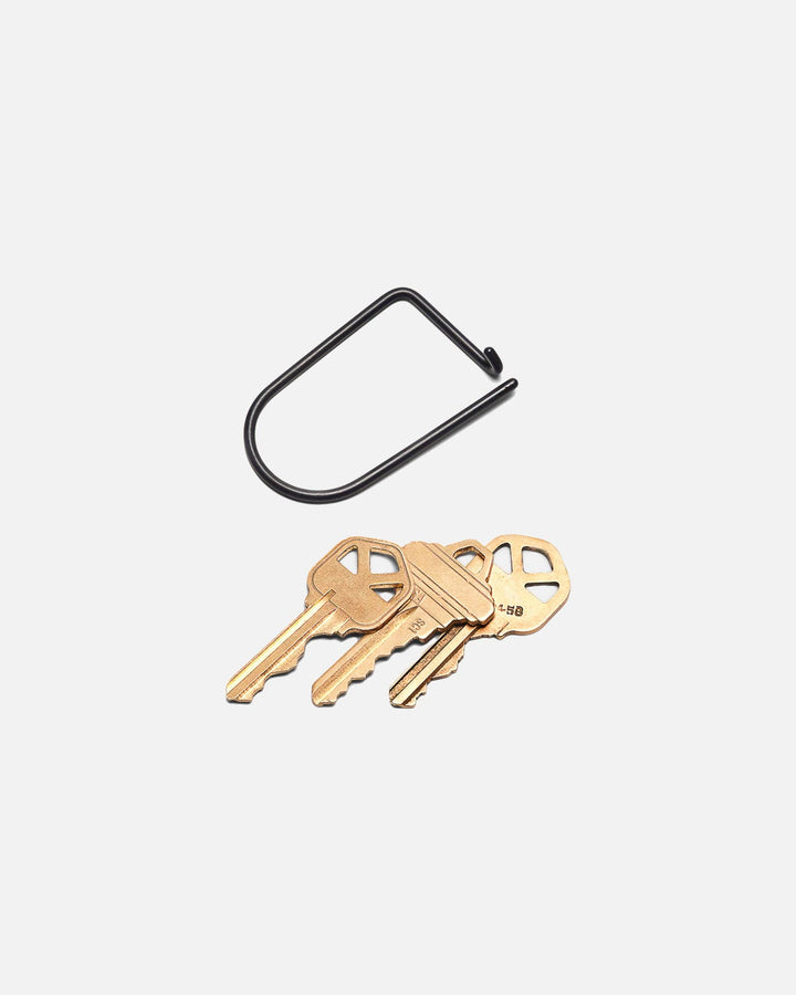Black keychain holder with gold keys on a light gray background