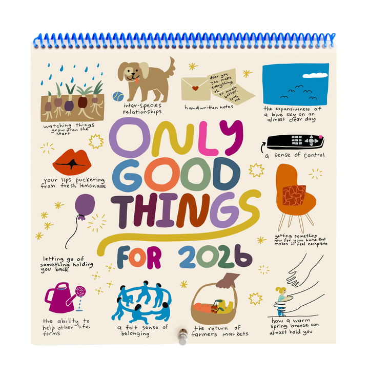 Calendar titled 'Only Good Things for 2026' with illustrations and text on a white background
