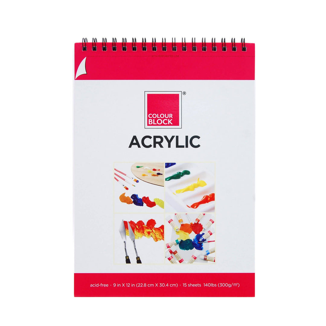 Acrylic paint pad with Colour Block logo and paint illustrations on a white background