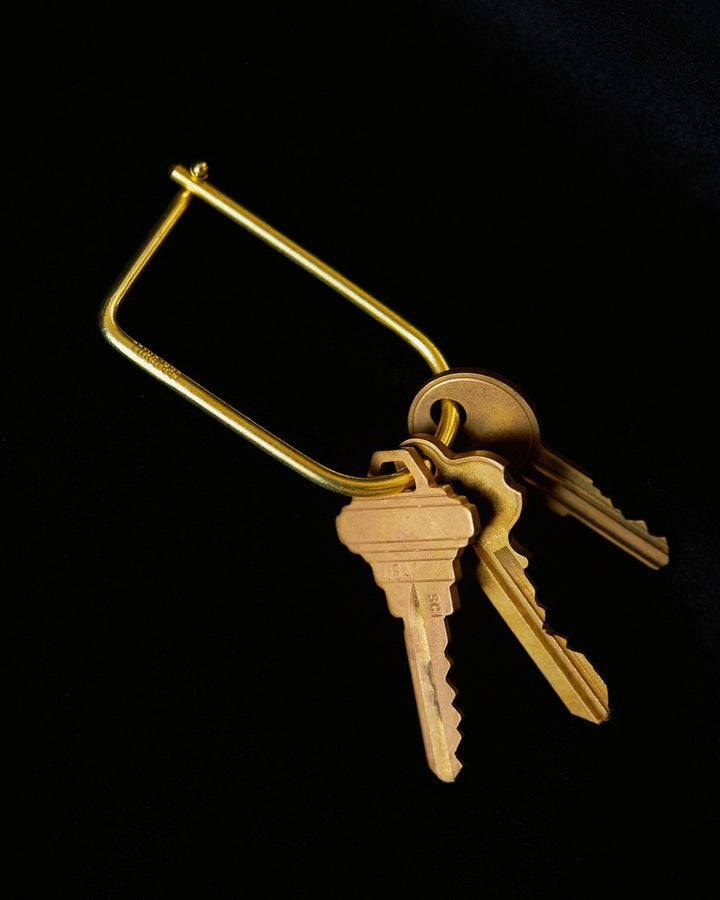 Set of keys attached to a brass keychain on a black background