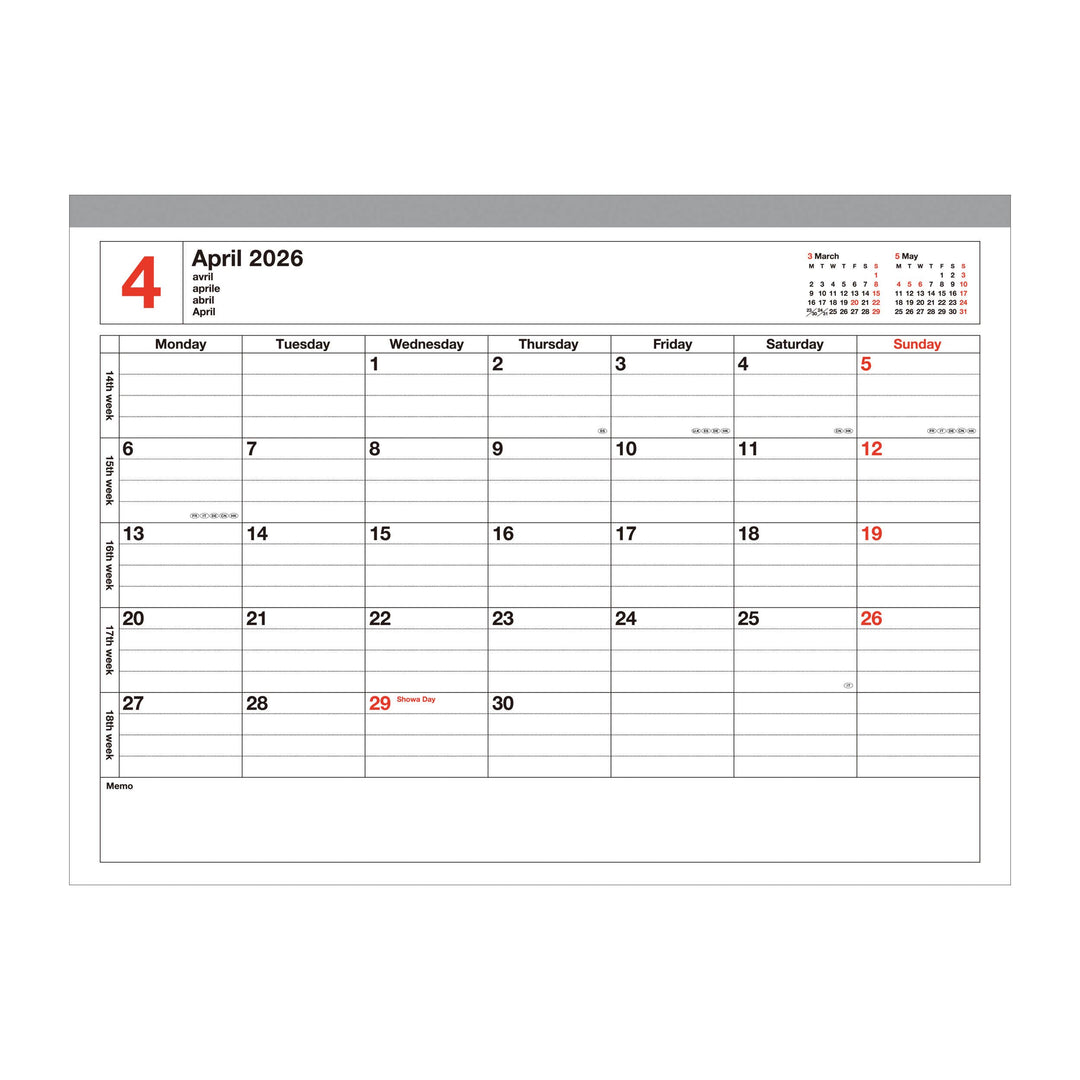 Calendar for April 2026 with grid layout and red highlights.