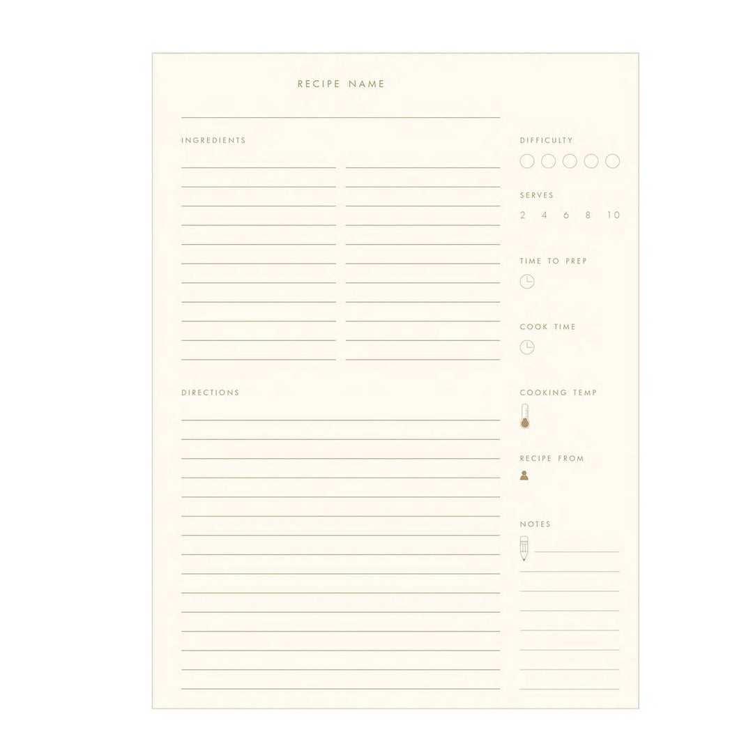 Blank recipe card with various fields for recipe details on a white background