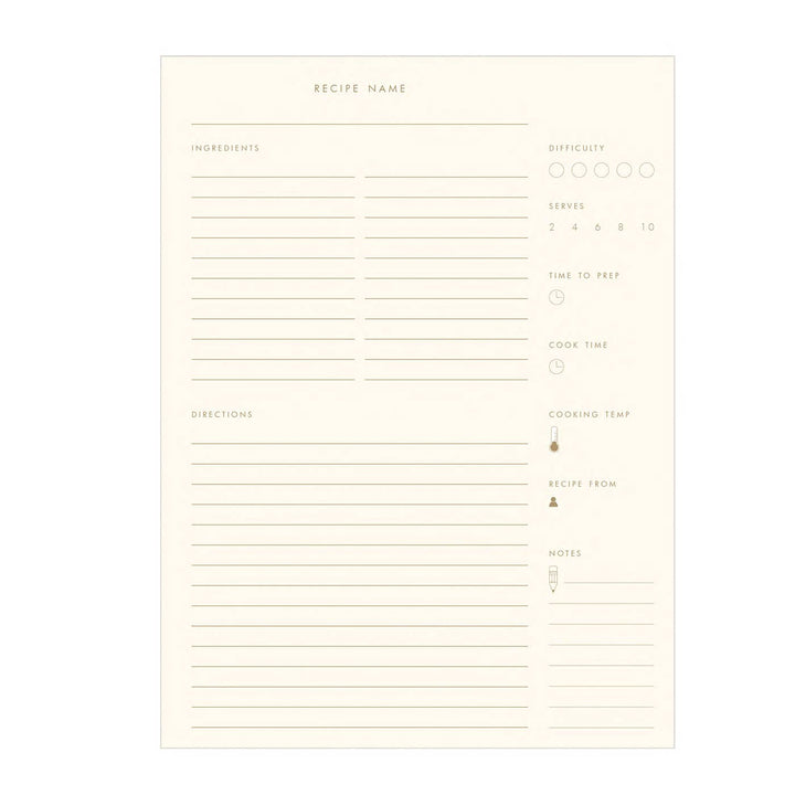 Blank recipe card with various fields for recipe details on a white background