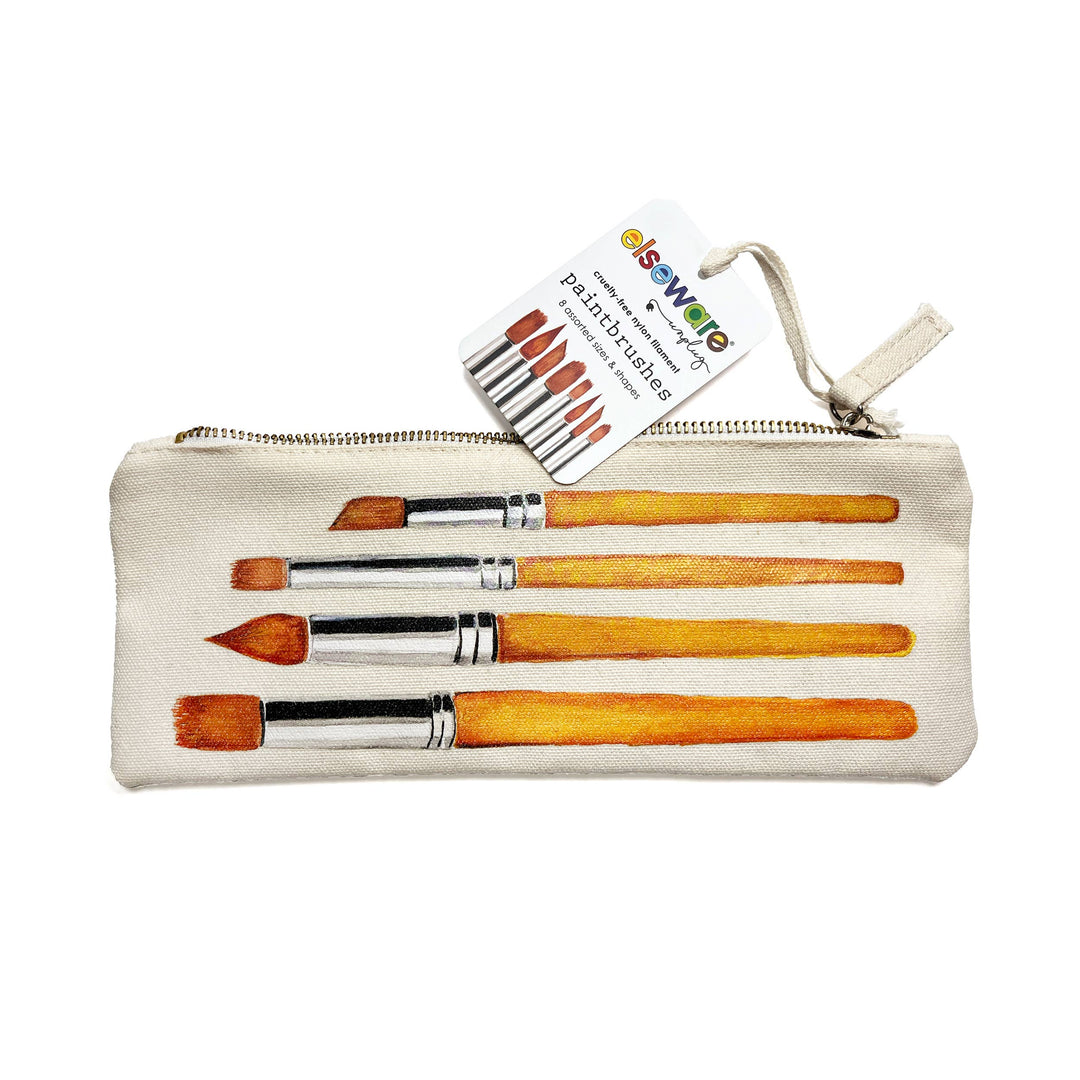 Set of paintbrushes in a pouch with a visible brand label on a white background