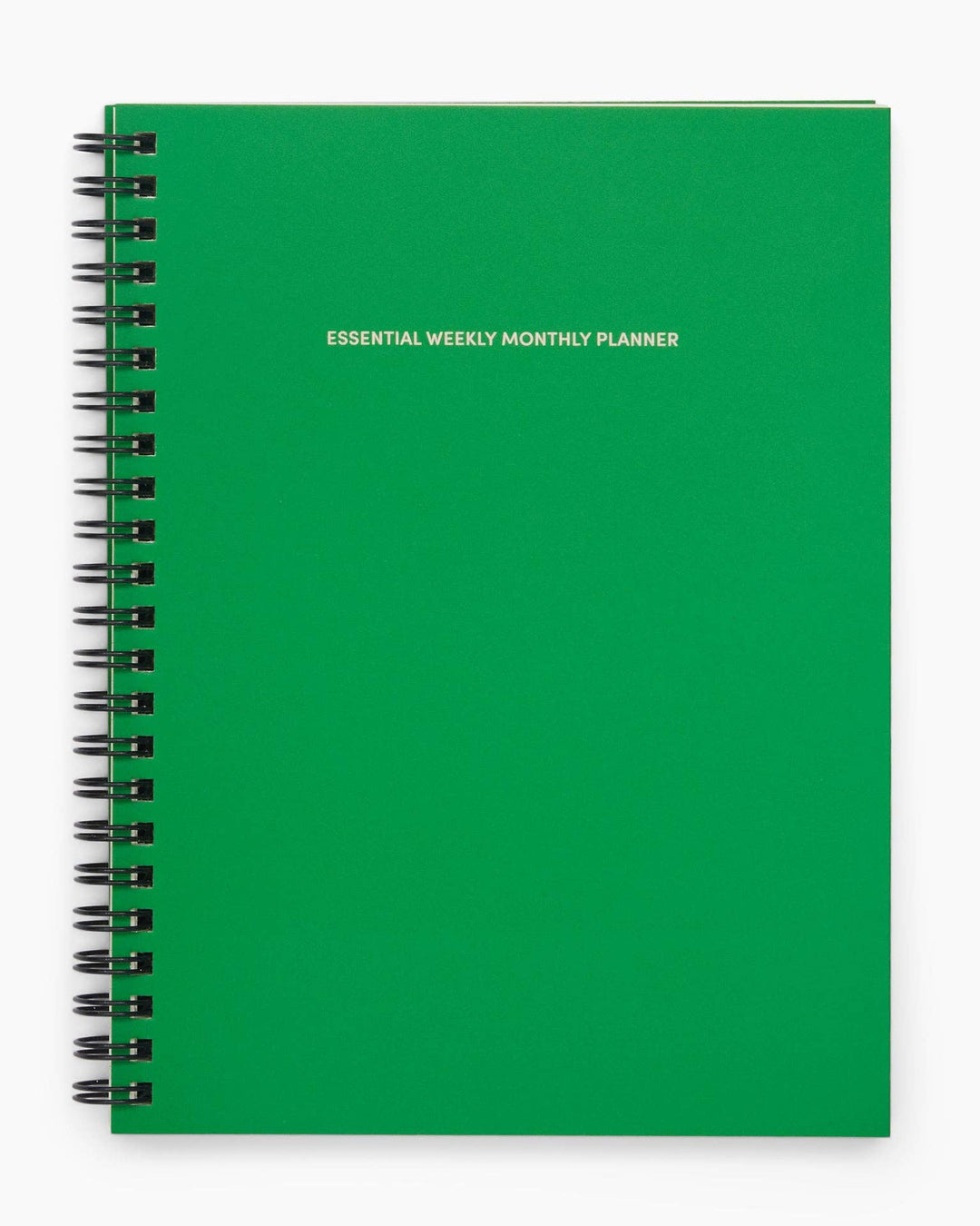 Green planner with 'Essential Weekly Monthly Planner' text on a white background