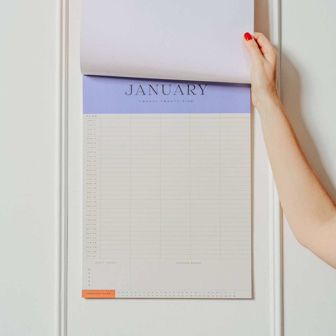 Calendar with January on a white wall, held by a hand.