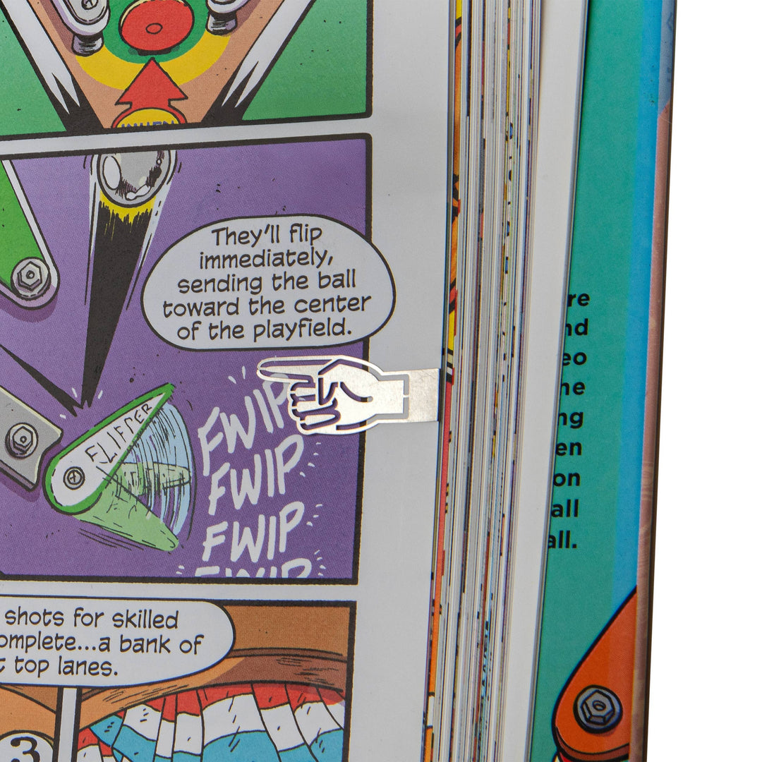 Comic book page with a pinball machine illustration and text and hand pointer pointing to text.