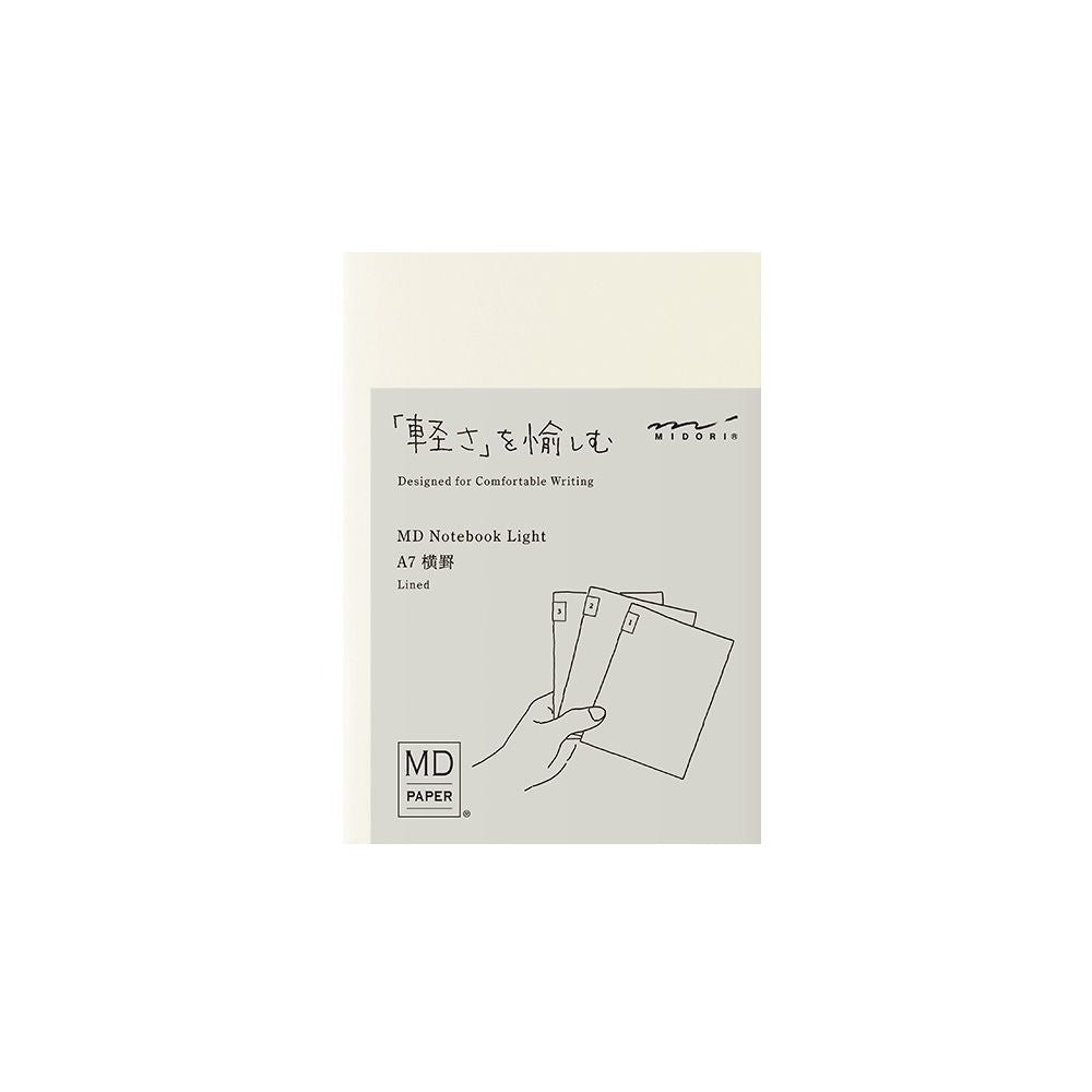 MD Notebook Light packaging with a hand holding notebooks on a white background