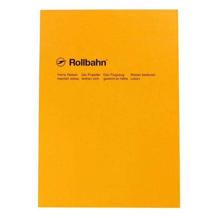 Orange notebook with 'Rollbahn' branding and text on a white background