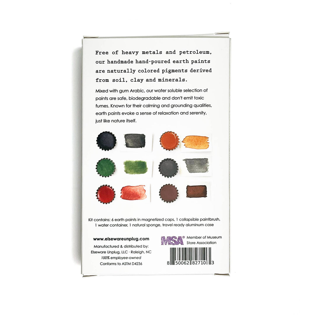 Back of a paint set packaging with color swatches and text about earth paints.