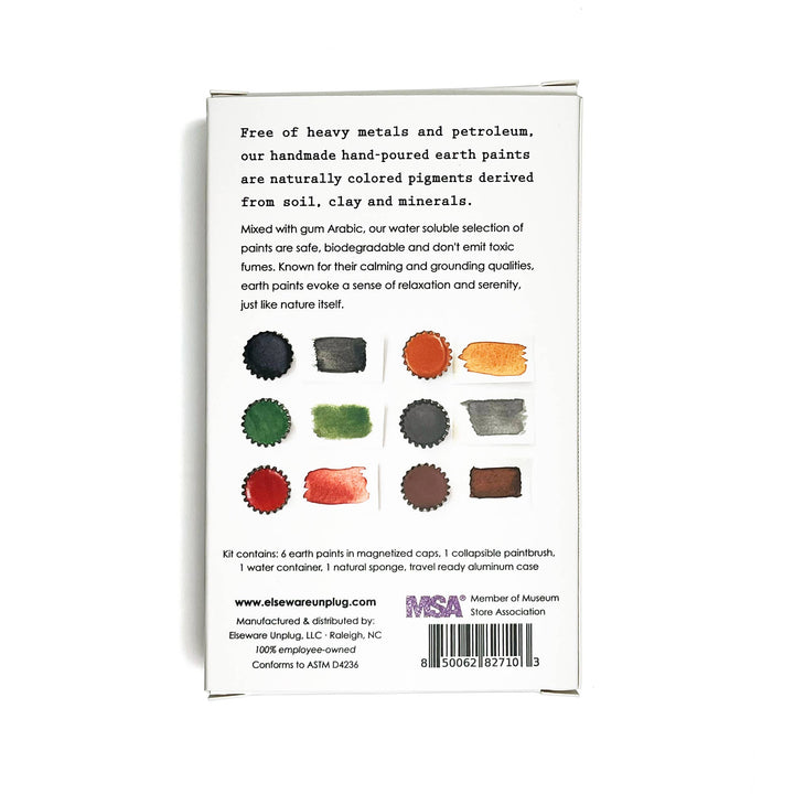 Back of a paint set packaging with color swatches and text about earth paints.