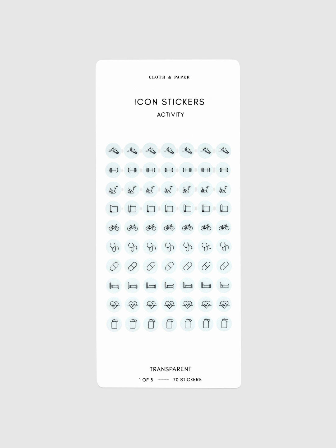 Sheet of icon stickers with various symbols on a white background