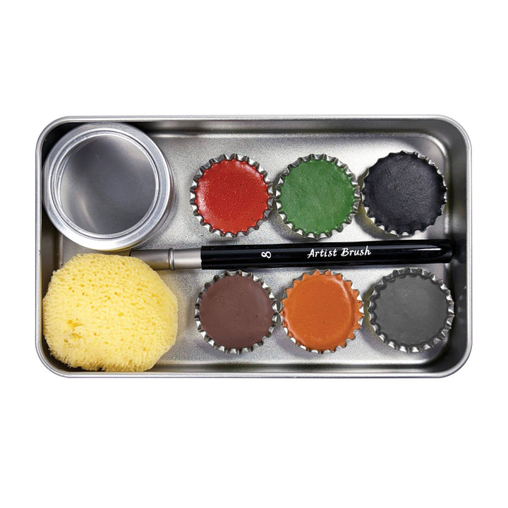 Set of paint caps and a brush on a metal tray with a white background