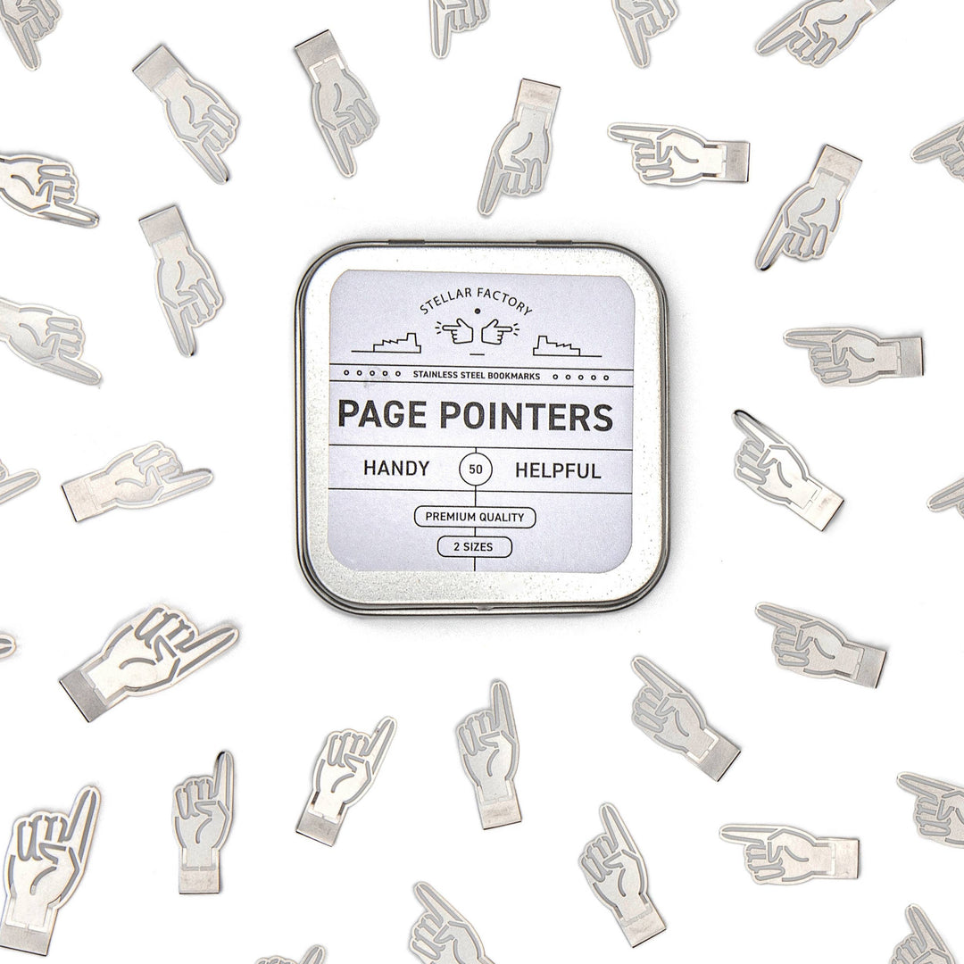 Tin of 'Page Pointers' with hand-shaped pointers on a white background