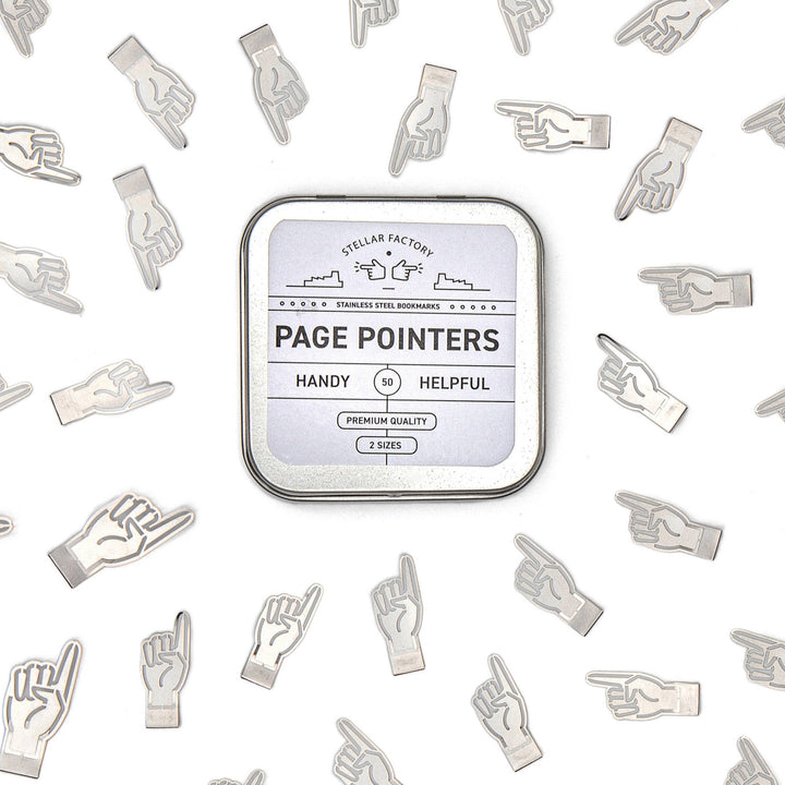 Tin of 'Page Pointers' with hand-shaped pointers on a white background