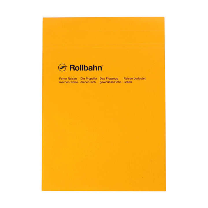 Orange notebook with 'Rollbahn' branding and text on a white background