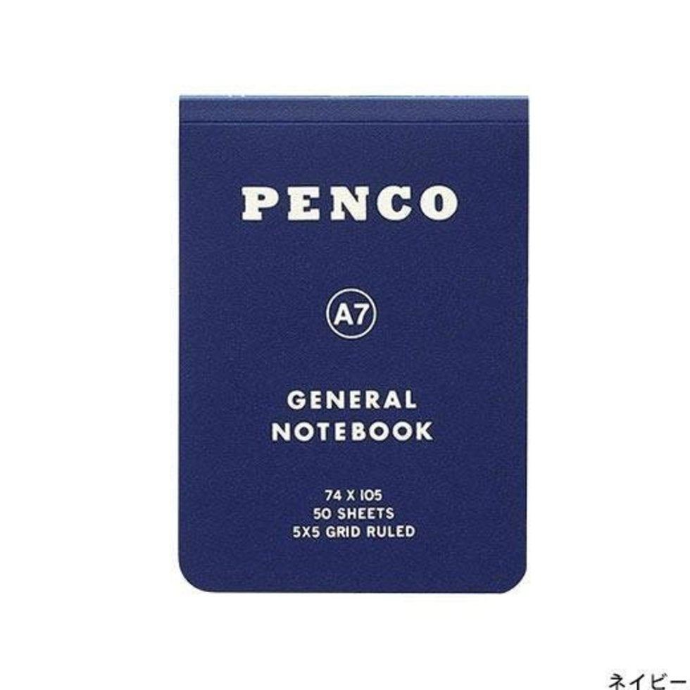 A blue soft cover A7 general notebook by Penco with grid lines and a flexible plastic cover, 2.9x4.1x0.1 inches, 50 sheets.