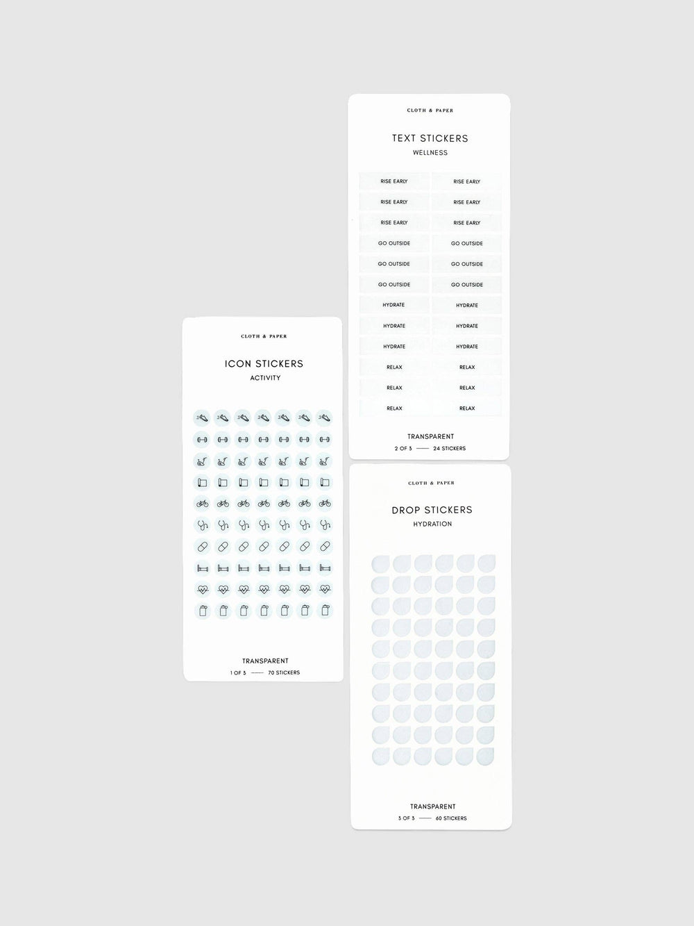 Collection of text, icon, and emoji stickers on a gray background