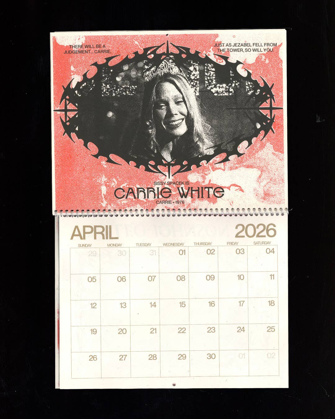 Calendar with a portrait of a woman and text on a black background