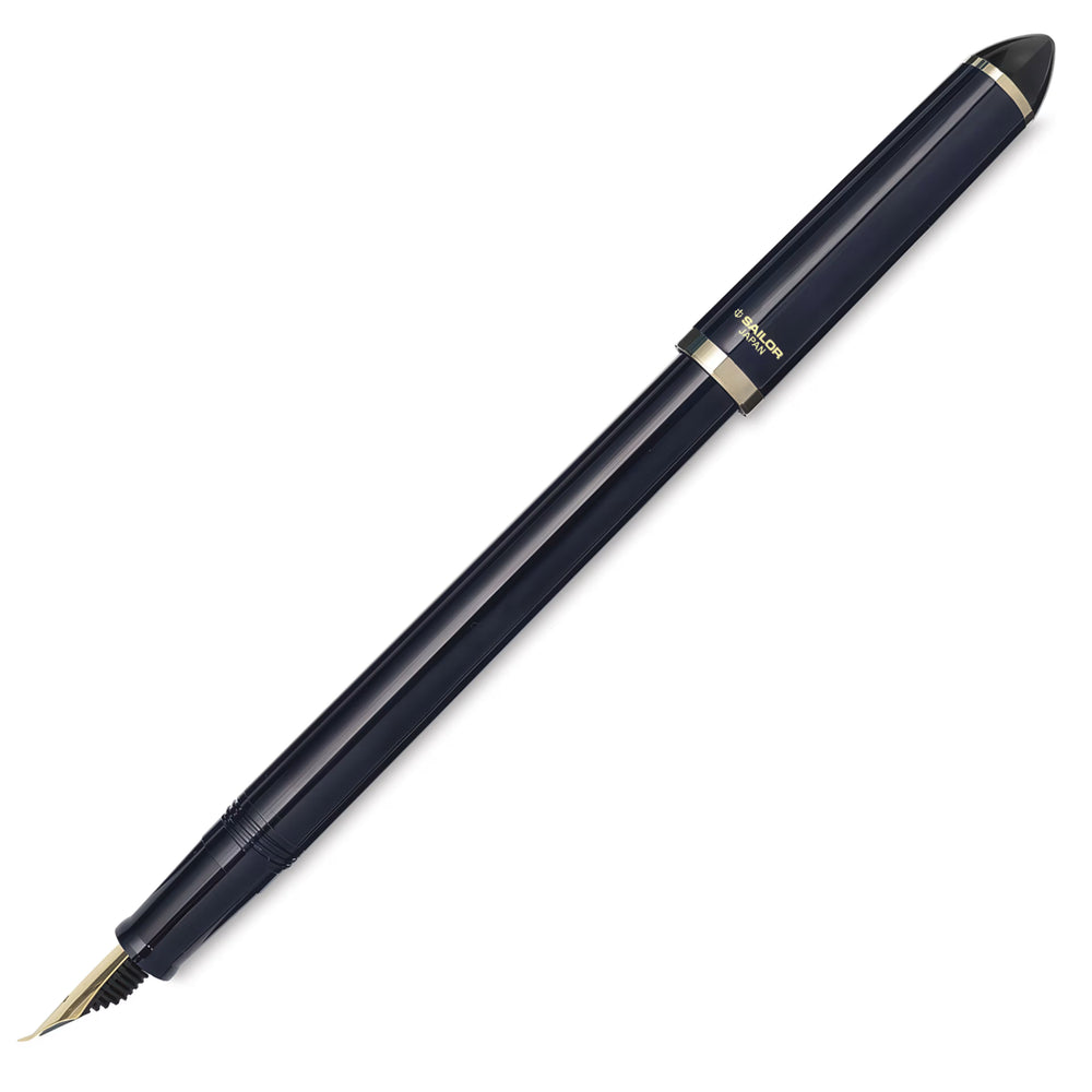 Navy blue Sailor fountain pen with gold accents on a white background