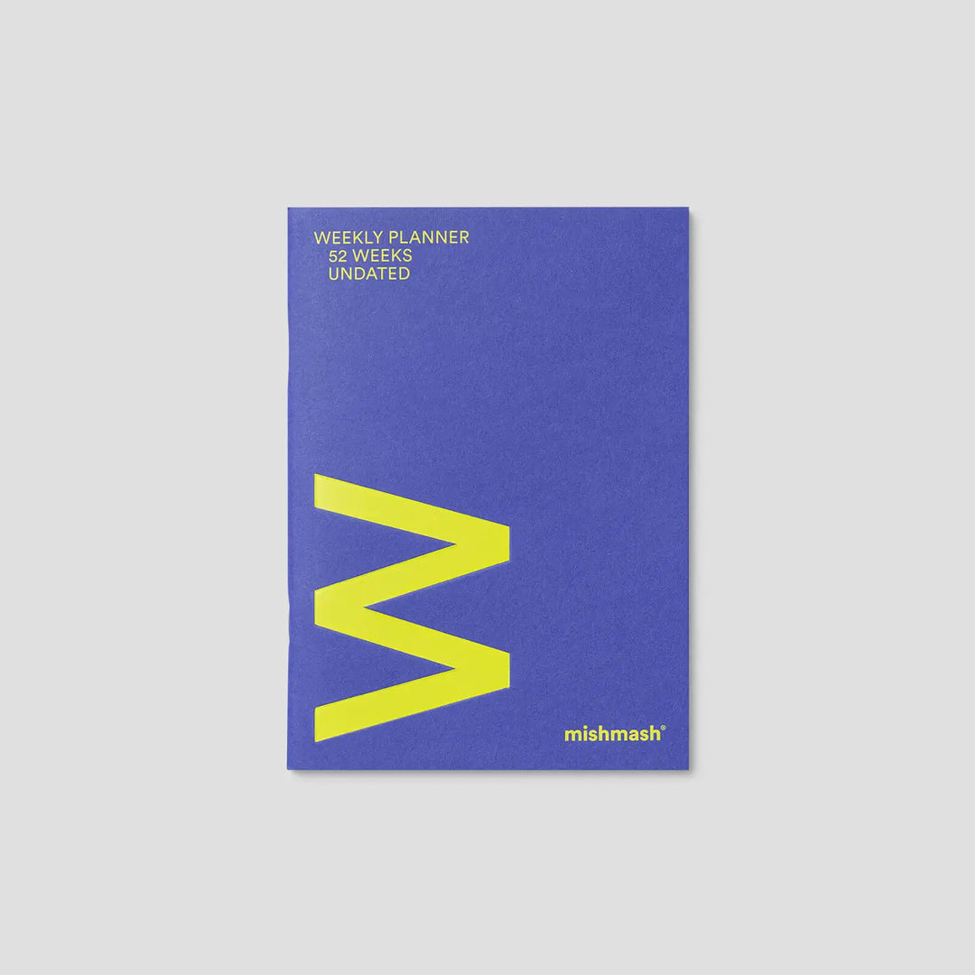Blue planner with yellow logo and text on a gray background