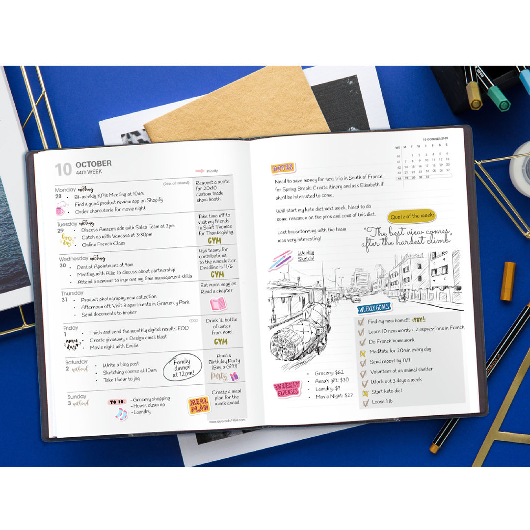 Open planner with daily tasks and notes on a blue surface with stationery items.