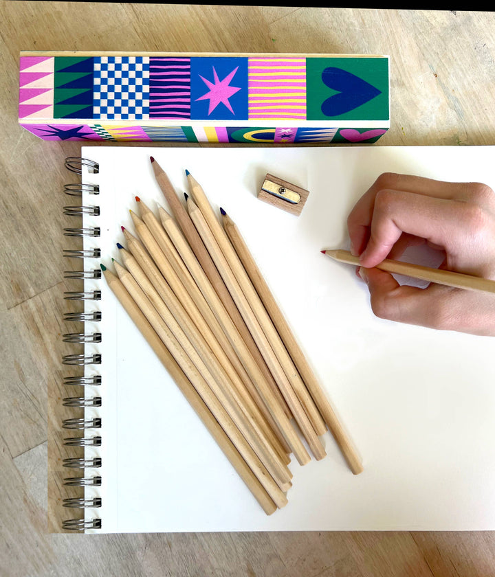 Wooden Pencil Box with Colored Pencils