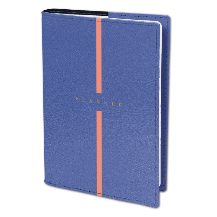 Blue planner with pink accents on a white background