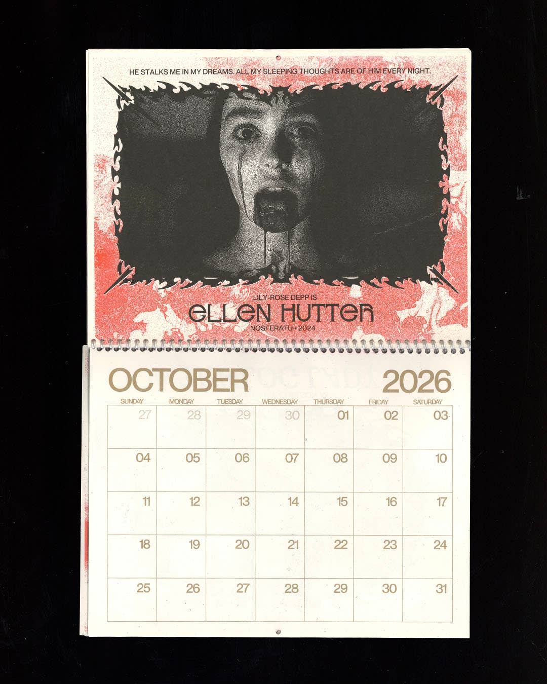 Calendar for October 2026 with a black and white portrait and red border on a black background.