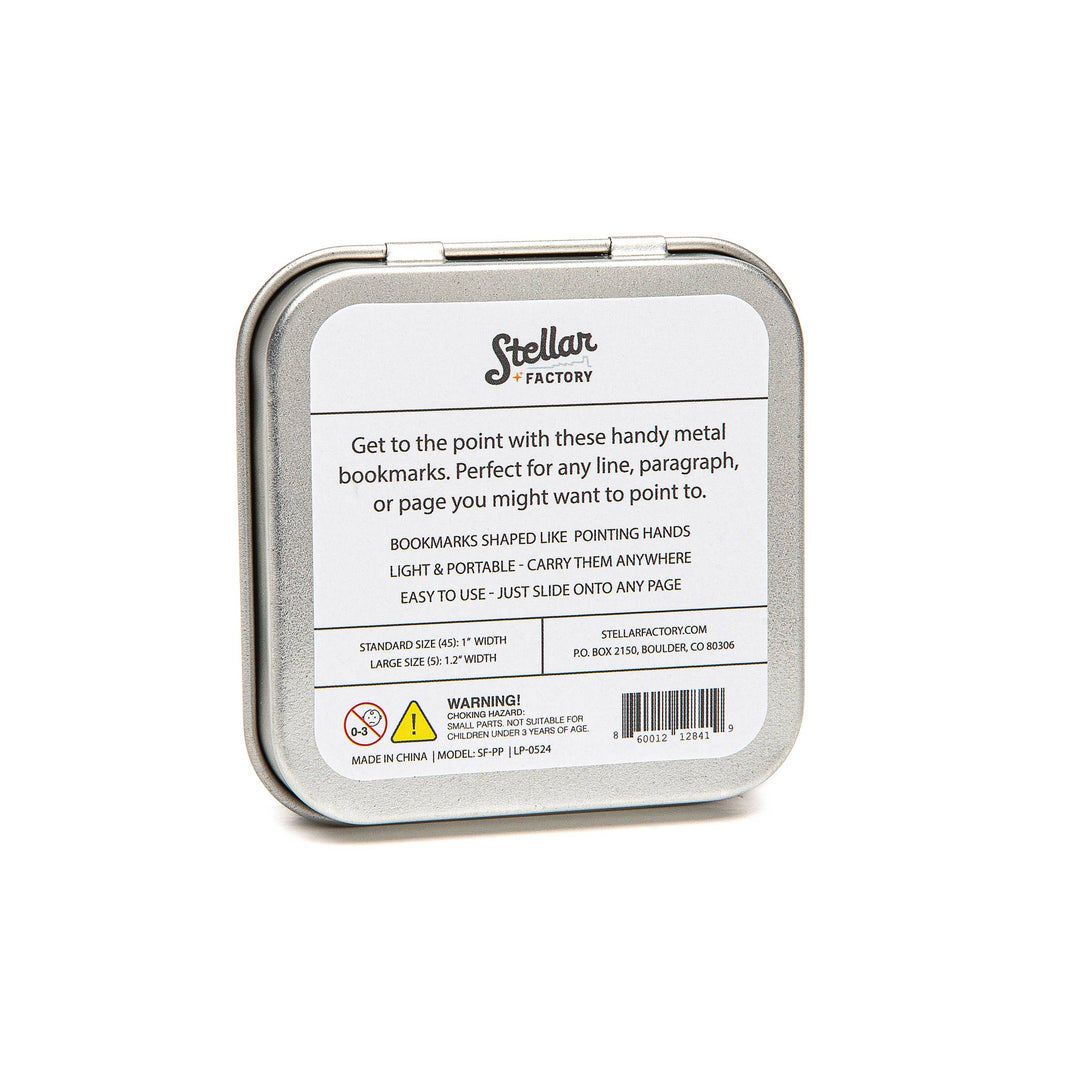 Metal tin packaging for Stellar Factory bookmarks on a white background