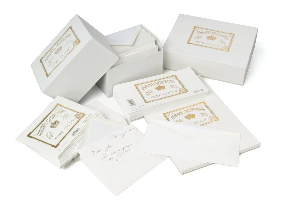 Original Crown Mill White boxes with gold text on a white background