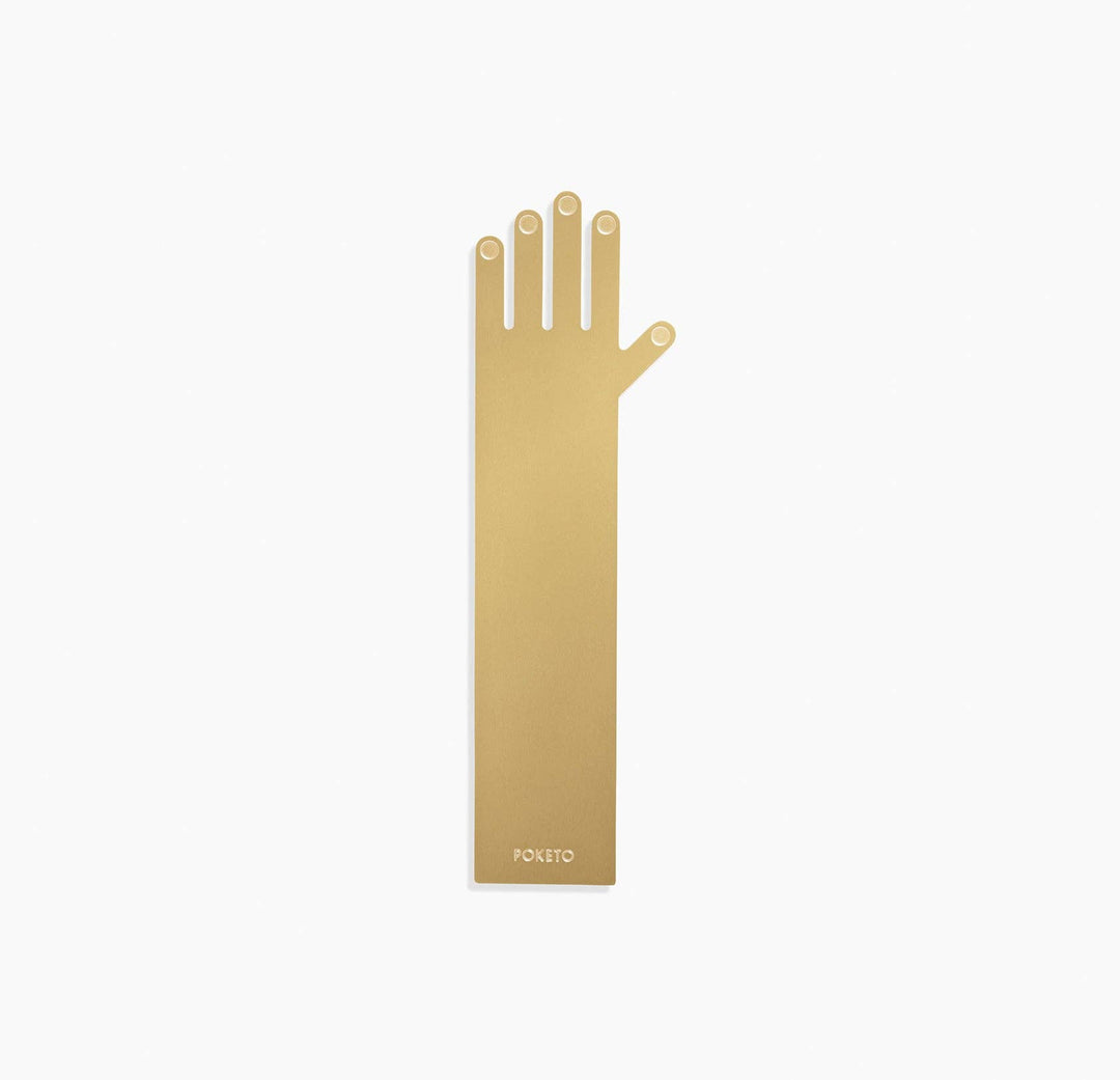 Gold hand-shaped bookmark with 'POKETO' branding on a white background