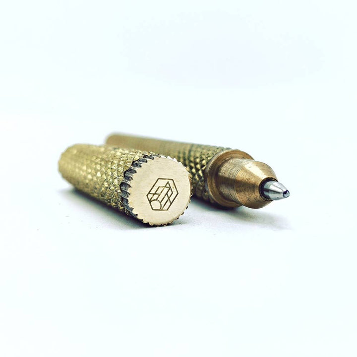 Brut Homeware Knurled Brass Pen, Logo Detail