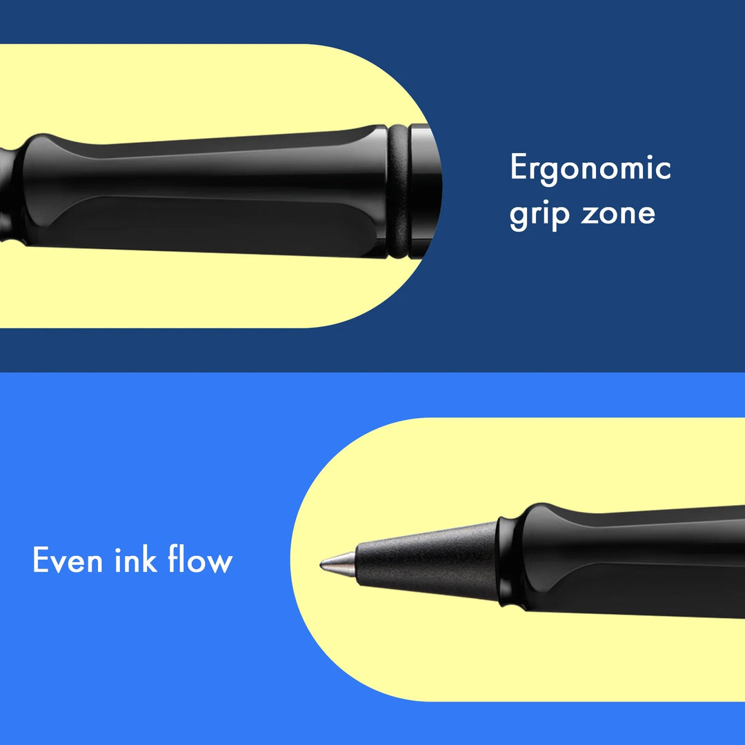 Black pen with ergonomic grip zone and even ink flow highlighted on a blue and yellow background