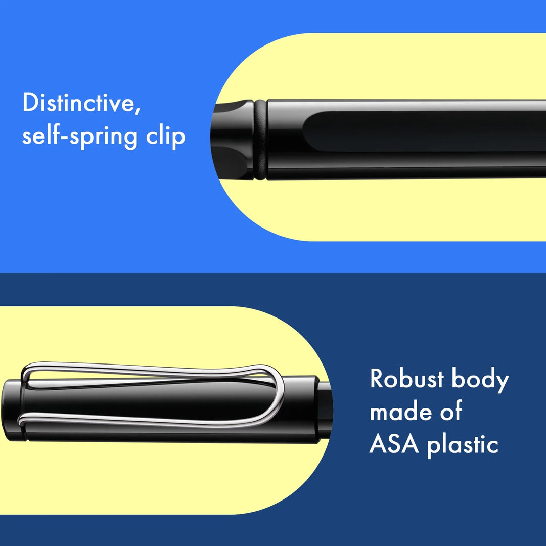 Illustration of a pen with a self-spring clip and ASA plastic body on a blue and yellow background.