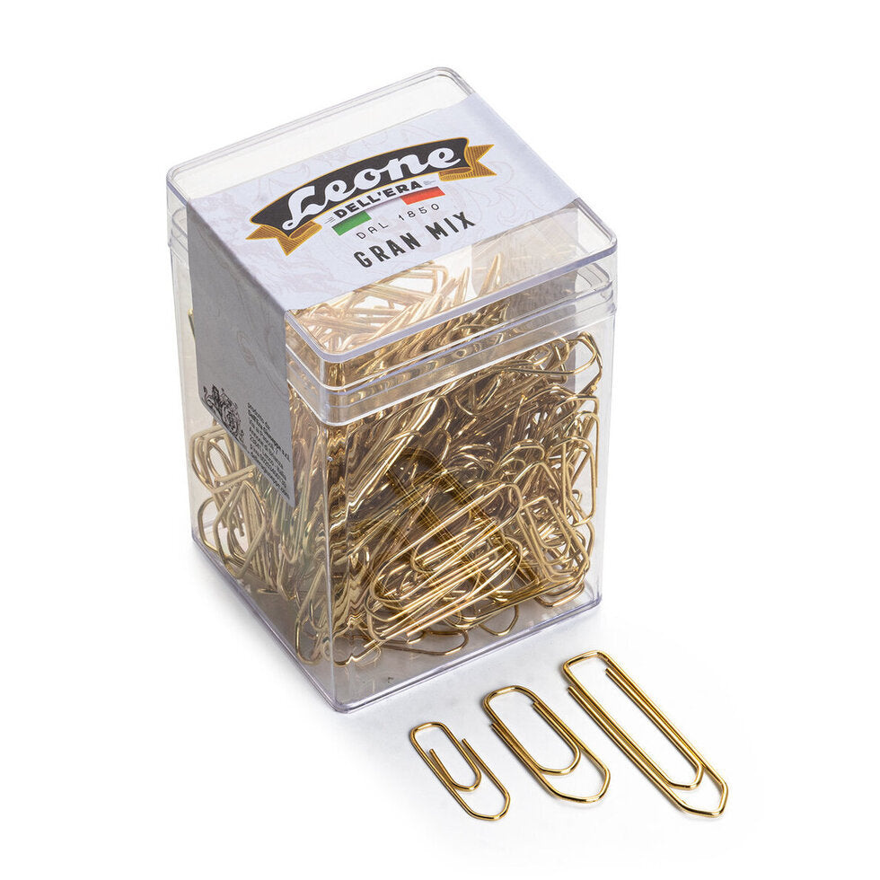 Clear container of gold paper clips with Leone Delicata branding on a white background