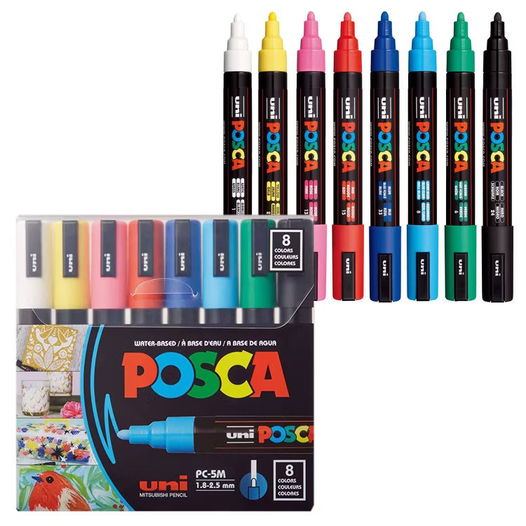 Set of POSCA markers with packaging on a white background