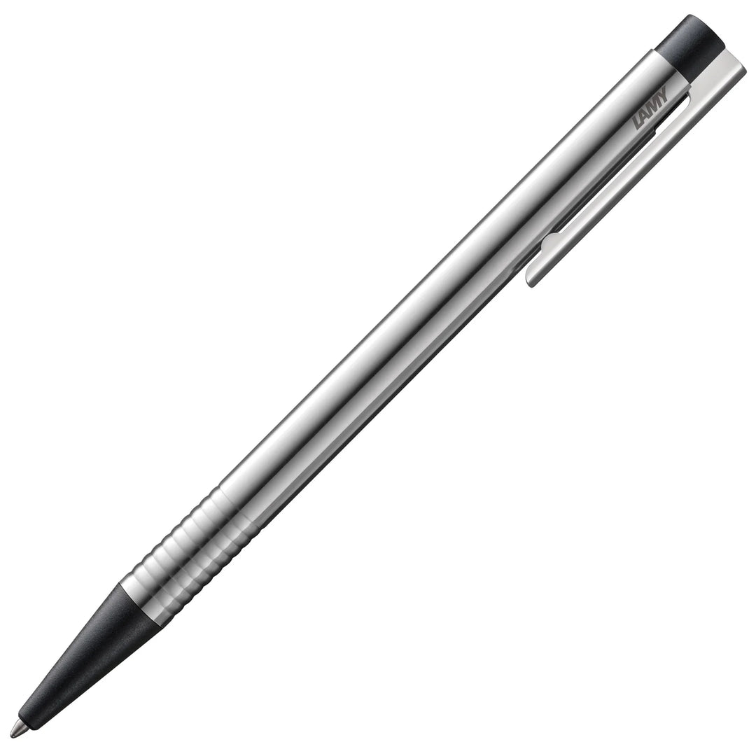 Silver pen with black accents on a white background