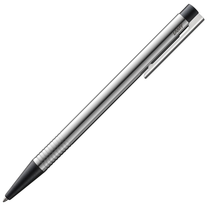 Silver pen with black accents on a white background
