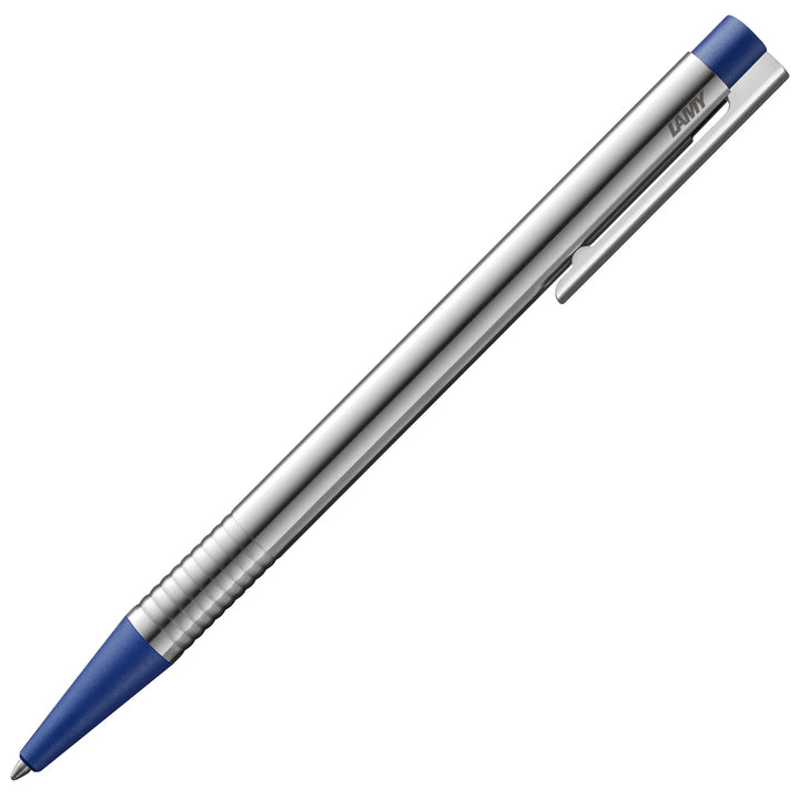 Silver pen with blue accents on a white background