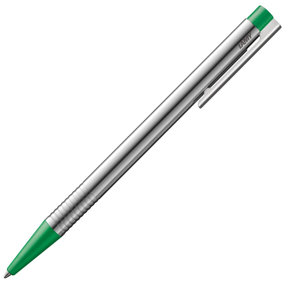 Silver pen with green accents on a white background