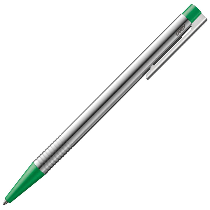 Silver pen with green accents on a white background