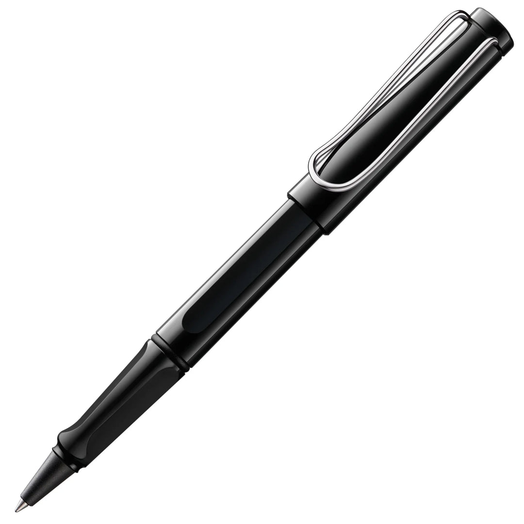Black pen with a silver clip on a white background