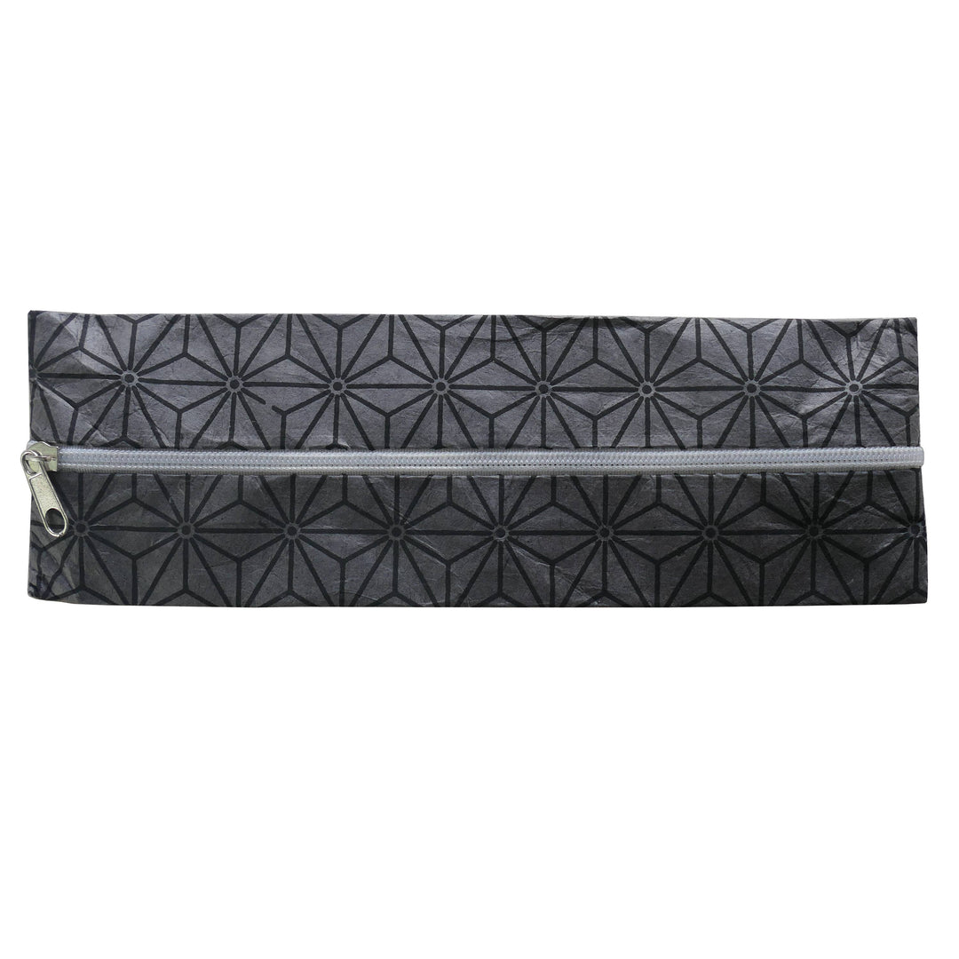 Lamali Lokta Paper Handmade Pouches, Geometric Grey, Zipper Closed