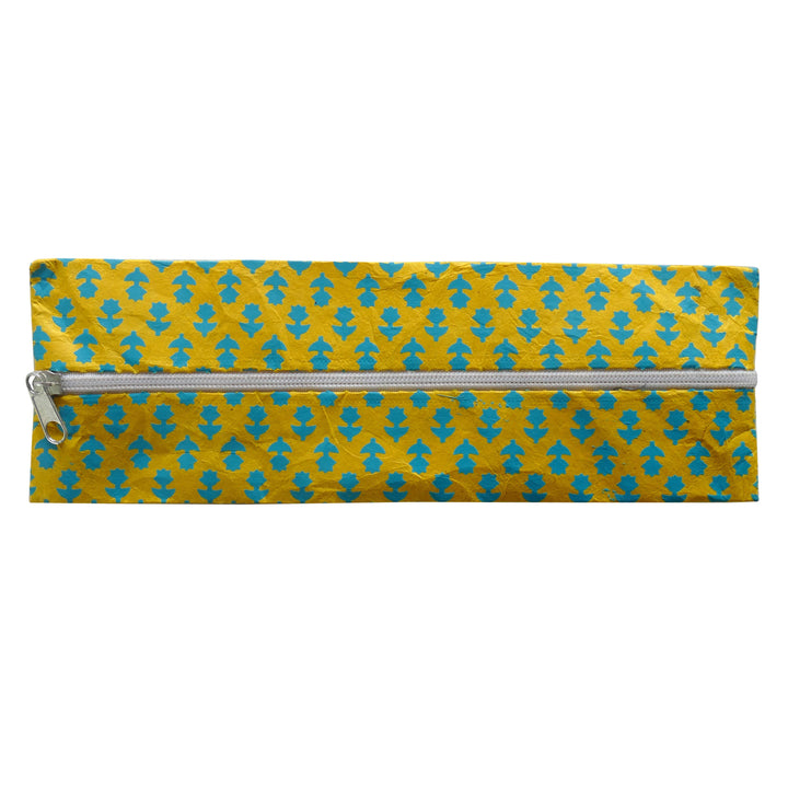 Lamali Lokta Paper Handmade Pouches, Yellow & Blue Flowers, Zipper Closed