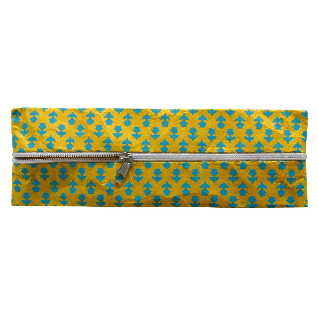 Lamali Lokta Paper Handmade Pouches, Yellow & Blue Flowers, Zipper Detail