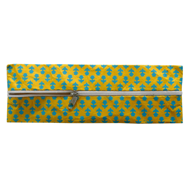Lamali Lokta Paper Handmade Pouches, Yellow & Blue Flowers, Zipper Detail
