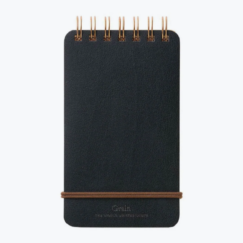 Midori Grain Leather Wire-Bound Notebook, Memo Pad, Black