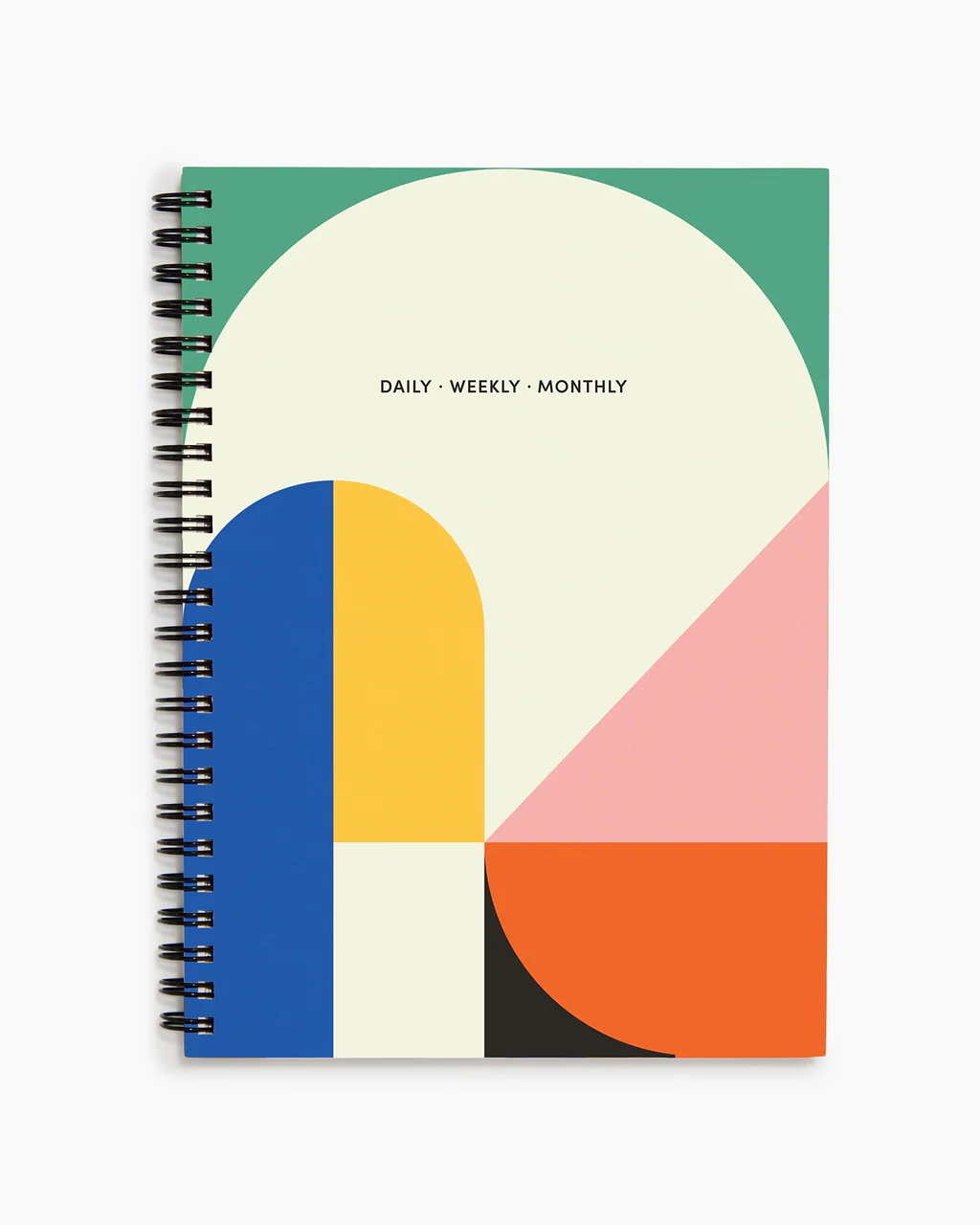 Spiral-bound notebook with geometric color design on a white background