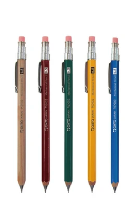 Set of five mechanical pencils in different colors on a white background